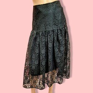 Vintage 80s Black Lace Midi Skirt Size S Gothic Fairy Full A Line Drop Waist